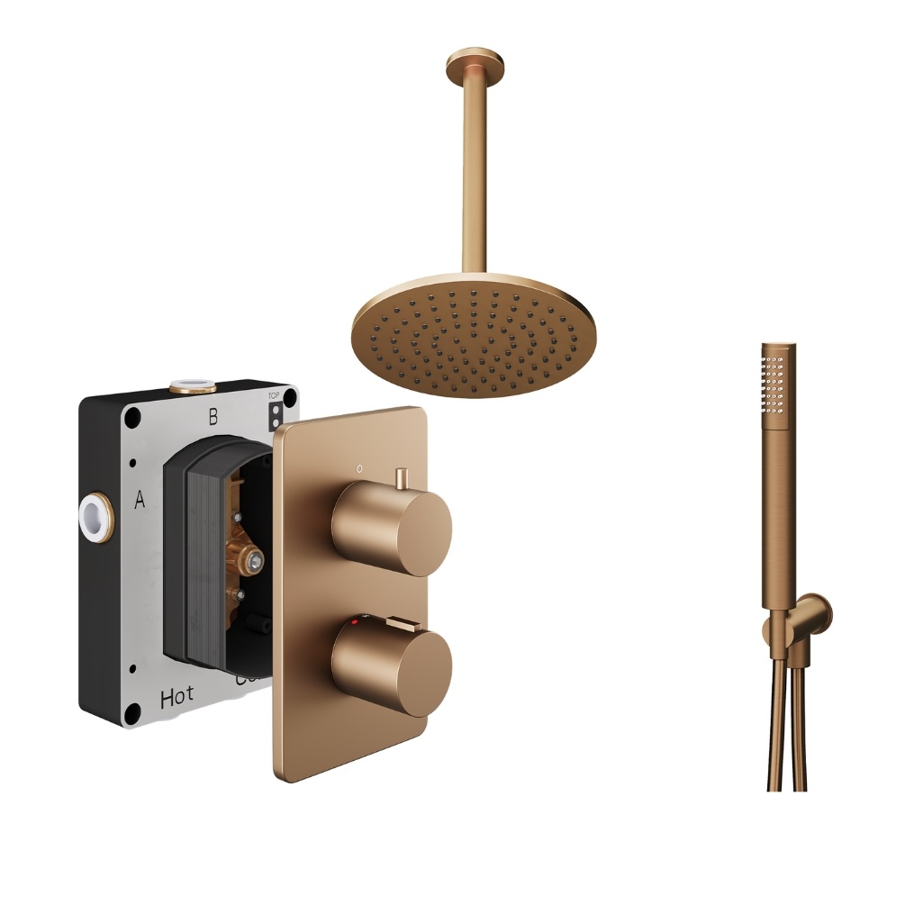 Product Cut out image of the Abacus Iso Brushed Bronze 2 Outlet Shower Pack with Ceiling Head & Handset